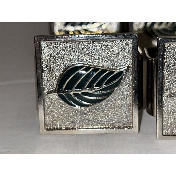 Heavy Cast Metal Leaf Napkin Rings Lot of 8 Square Green Enamel Silver Tone - Picture 2 of 7